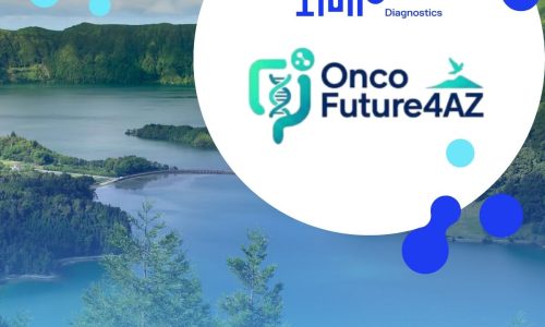 Paisagem verde e montanhosa junto a um lago, com uma ponte ao centro. No canto superior direito, um círculo branco apresenta o logótipo e o nome “Onco Future4AZ”, acompanhado pelos seus elementos gráficos azuis e verdes. O texto que sobrepõe a imagem diz IMP Diagnostics participa no Projeto ONCOFUTURE4AZ. Também temos o logótipo do IMP Diagnostics